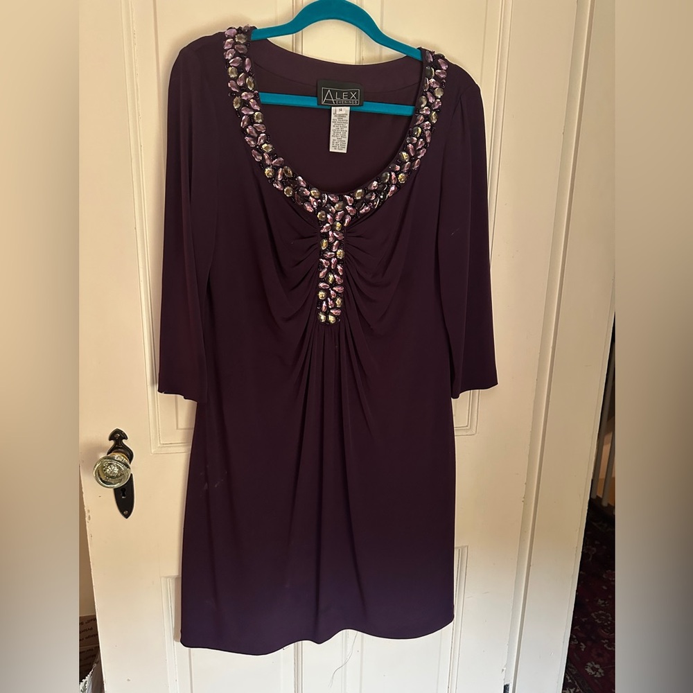 ALEX COCKTAIL crepe short evening dress jeweled tunic neckline 3/4 sleeves